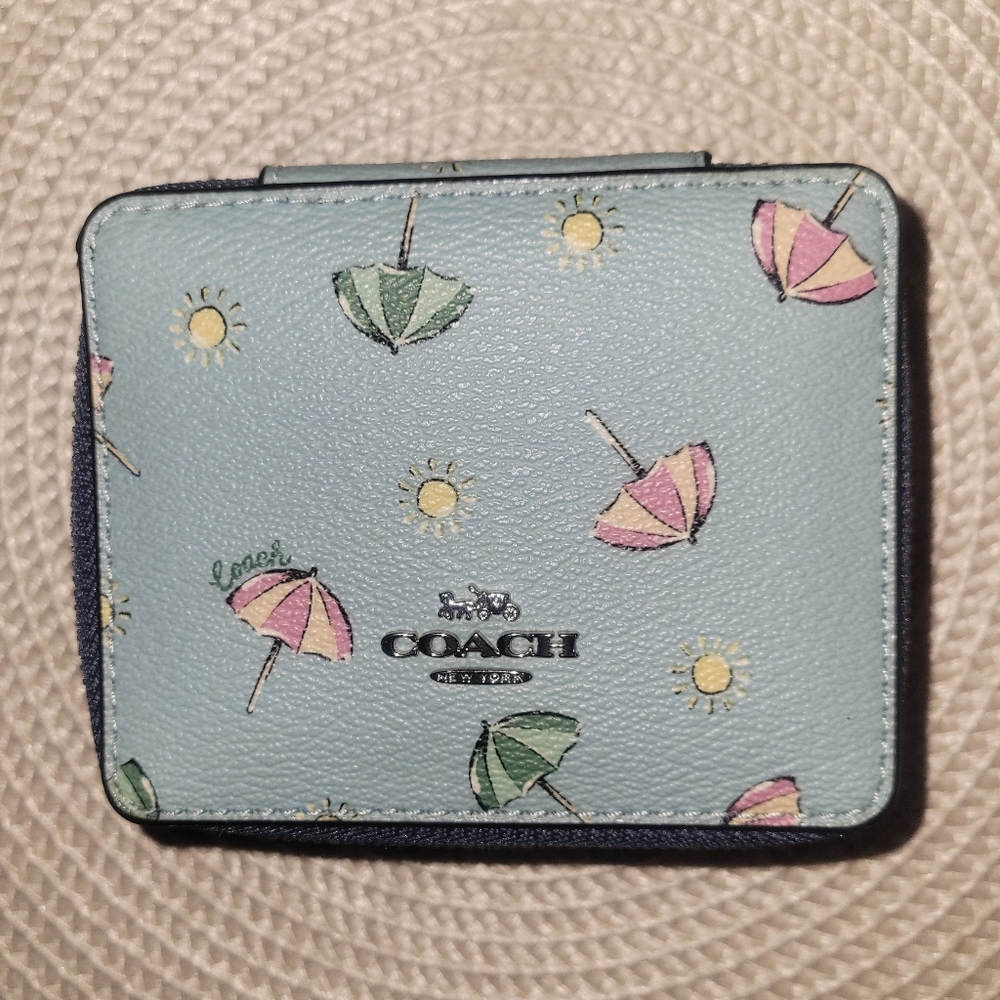 Coach Light Blue Umbrella & Sun Print Leather Zip Jewelry Case